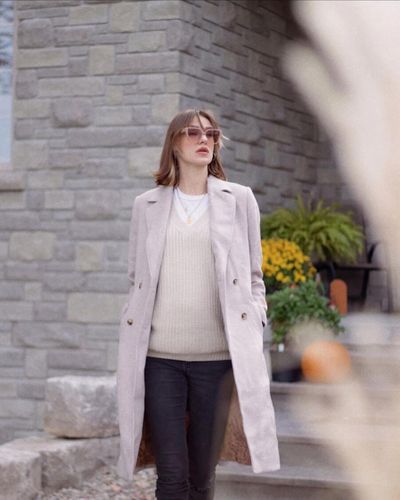 Beige Wool Coat and Navy Boots Outfit