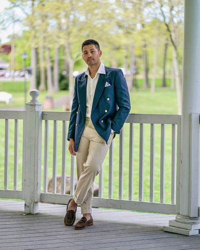 Green Double Breasted Jacket with Brown loafers