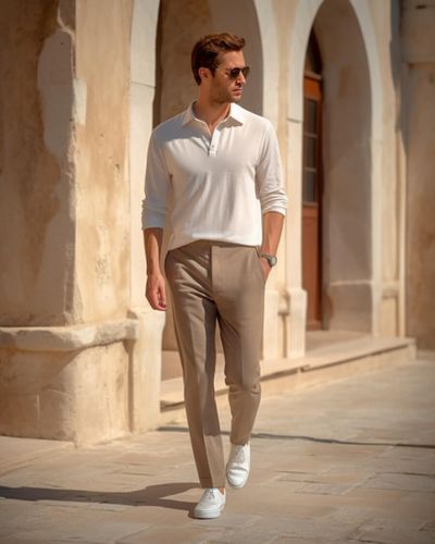 Gray Polo Shirt with Beige Trousers