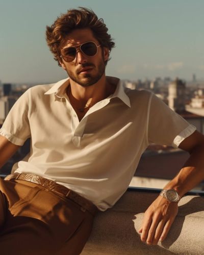 White Polo Shirt with Brown Trousers