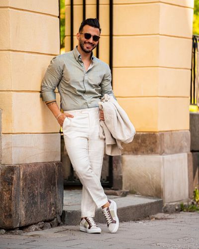 Men's Charcoal Denim Jacket, White Dress Shirt, Khaki Skinny Jeans, Grey  Canvas Low Top Sneakers | Lookastic