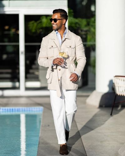 Blue Linen Jacket with Beige Trousers