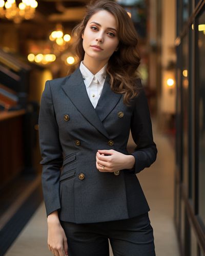 Double-Breasted Checked Gray Trouser suit