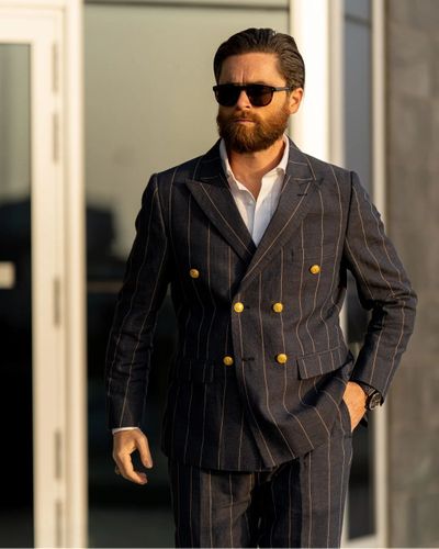 Navy Double Breasted Striped Suit with Brass Buttons