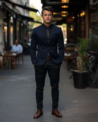Blue Navy Blazer with Brown Pants