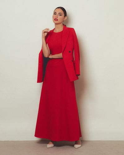 Red Double Breasted Blazer over Red Long Dress